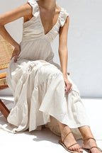 Deep V-Neck Ruffle Strap Tiered Maxi Dress