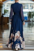 Floral Print Patchwork Mesh Long-sleeved V-neck Fitted Waist Maxi Dress
