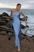 Satin Cowl Neck Spaghetti Strap Slip Maxi Formal Dress