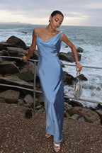 Satin Cowl Neck Spaghetti Strap Slip Maxi Formal Dress