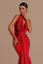 Satin Halter Neck Cowl Draped Knot Waist Front Panel Column Maxi Gown
