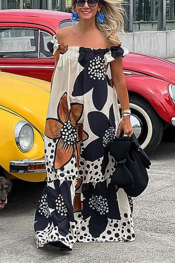 Off Shoulder Floral Polka Dot Print Tiered Pocket Maxi Dress