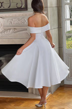 Off Shoulder Foldover Cuff Pleated Pocket Fit and Flare Midi Dress