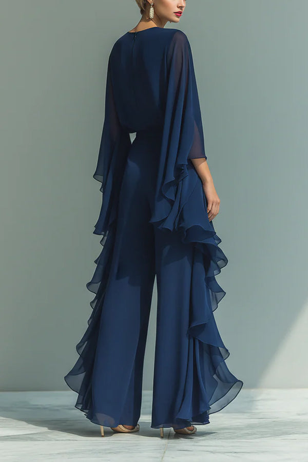 Chic Midnight Blue Ruffled Overlay Wide-Leg Pantsuit
