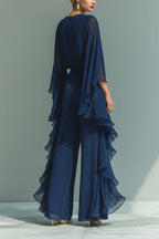 Chic Midnight Blue Ruffled Overlay Wide-Leg Pantsuit