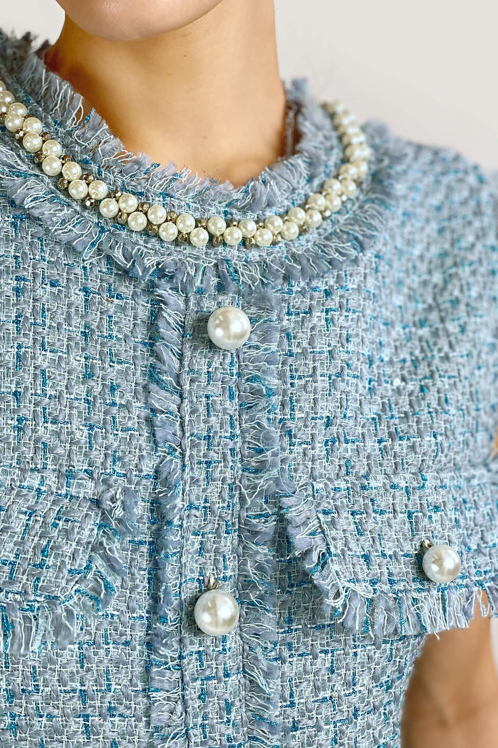 Pearl Embellished Neckline Button Front Fringe Trim Tweed Mini Dress