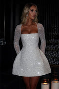 Sequin Square Neck Long Sleeve Fit and Flare Mini Dress
