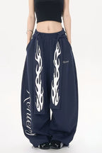 Vintage Flame Print Detachable Tie Curved Sweat Pants