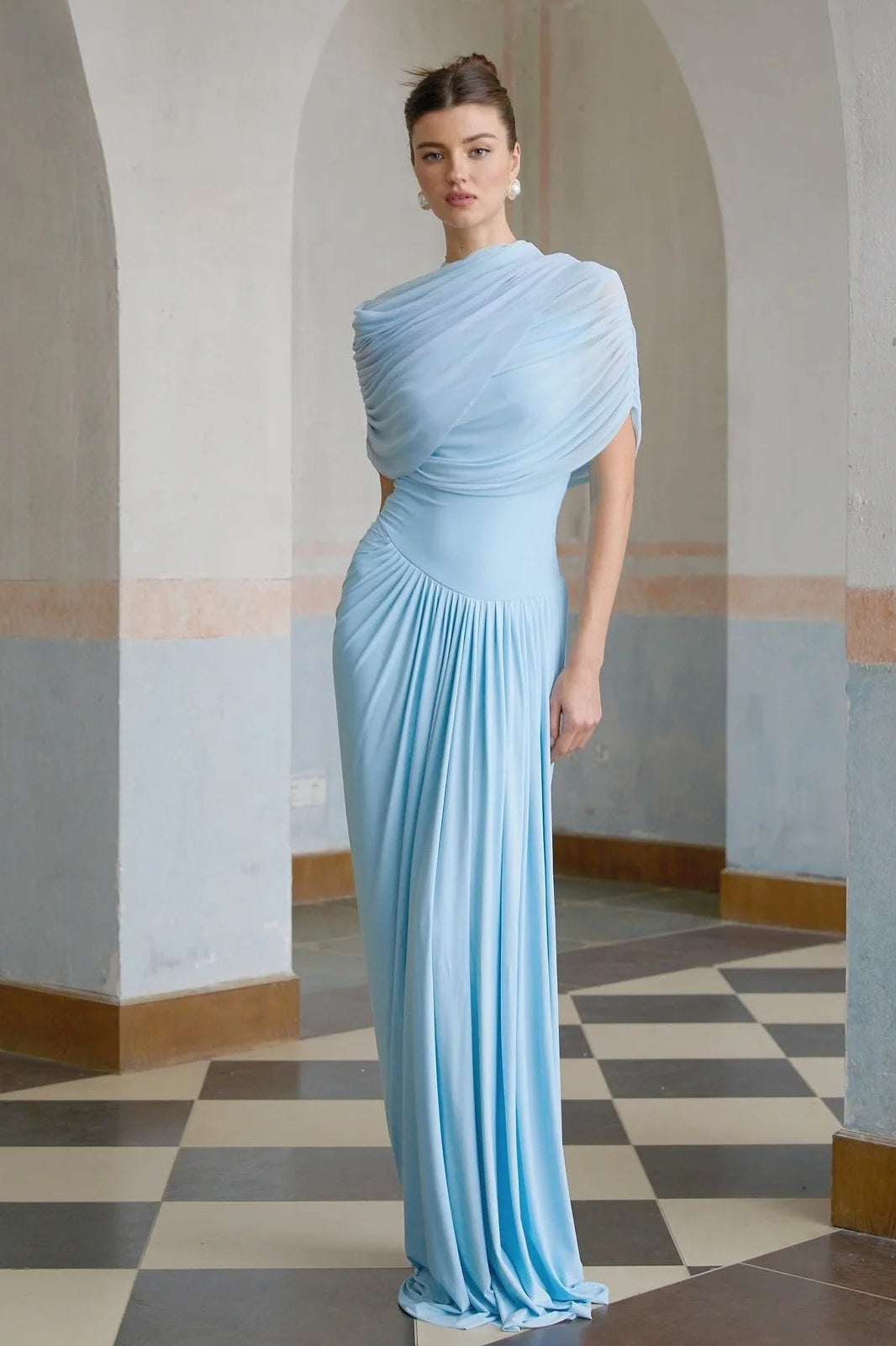 Mock Neck Cap Sleeve Diagonal Ruched Pleated Drape Column Maxi Dress