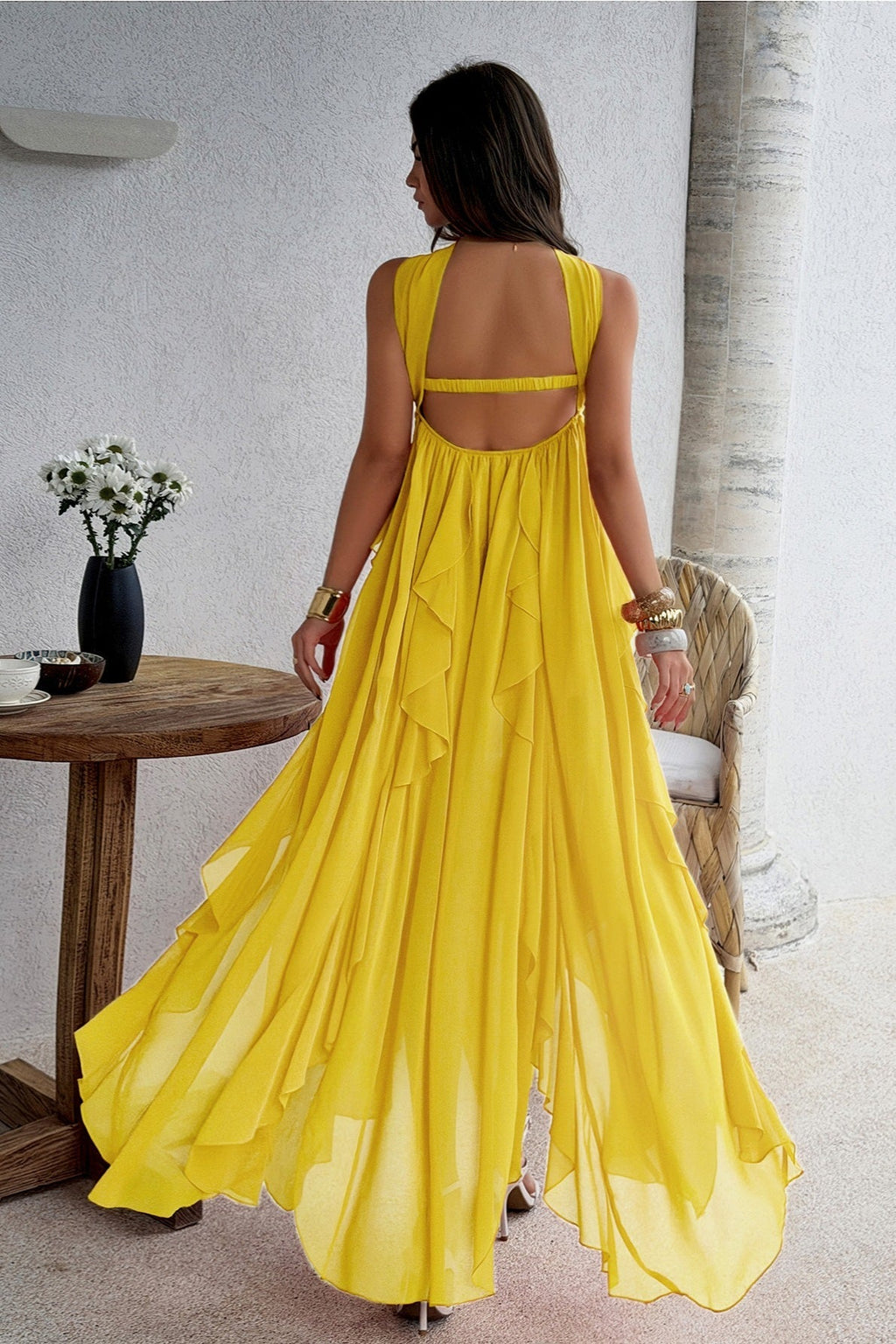 Strapless Starfish Detail Tiered Ruffle Chiffon Maxi Dress