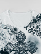 Vintage Cross Flower Print Slim Long Sleeve Tee