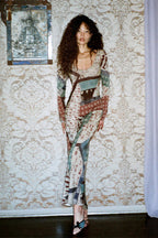 Vintage Floral Print V-Neck Bodycon Maxi Dress