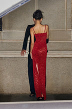 Lace Scalloped Square Neck Spaghetti Strap Bodycon Maxi Dress