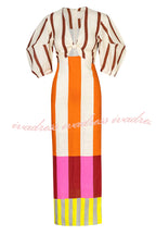 Kaya Linen Blend Color Block Print Front Cutout Knot Puff Sleeve Maxi Dress