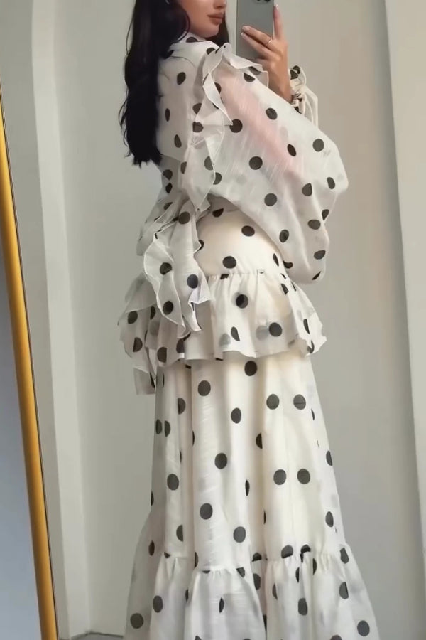 Stylish Polka Dot Print Stand Collar Long Sleeve Elegant Ruffle Maxi Dress