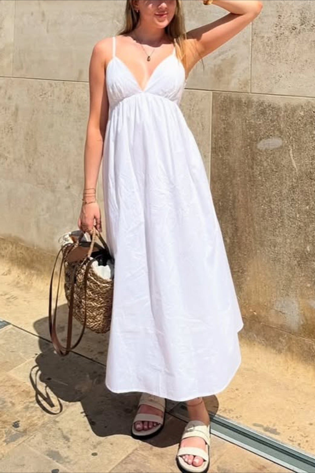 Spaghetti Strap Deep V Neck Empire Waist Flowy Maxi Dress
