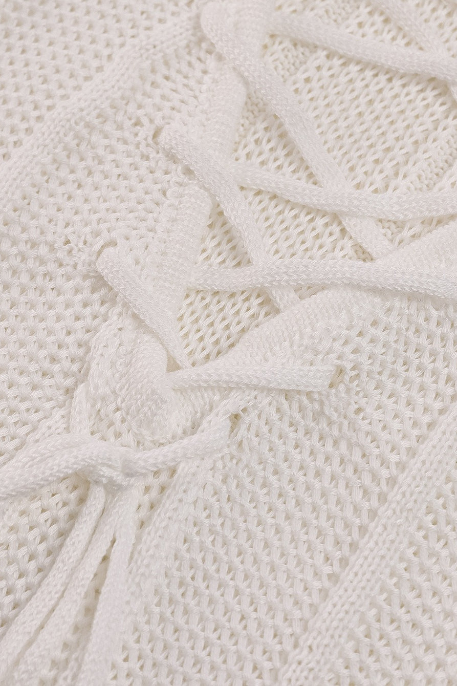 White Split Backless Tie Knit Cardigan Sweater Dress