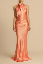 Satin Halter Neck Cowl Draped Bias Cut Trumpet Maxi Gown
