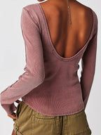 Solid Color Rib Backless Long Sleeve Knit