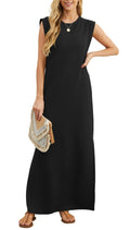 Women Round Neck Casual Loose Split Wrinkle-Free Long Maxi Beach Dress with Pockets