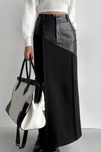 PU Leather Panel High Waist Slit Skirt