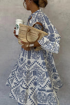 Block Print Mandarin Collar Bell Sleeve Tiered Babydoll Mini Dress