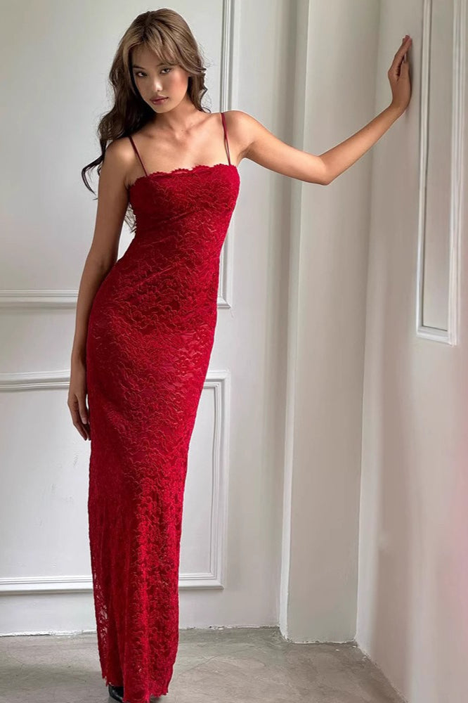Lace Scalloped Square Neck Spaghetti Strap Bodycon Maxi Dress