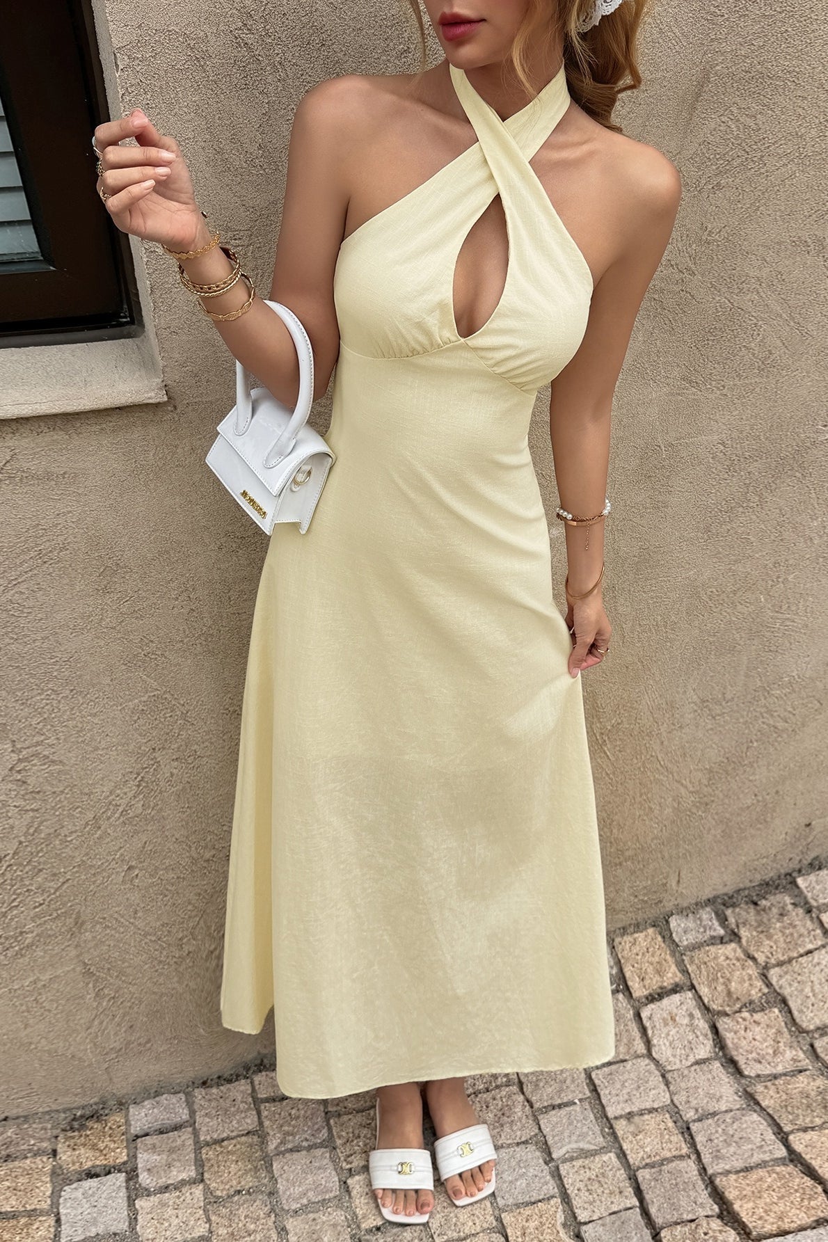 Beige Crisscross Halter Keyhole Ruched Waist A Line Midi Dress