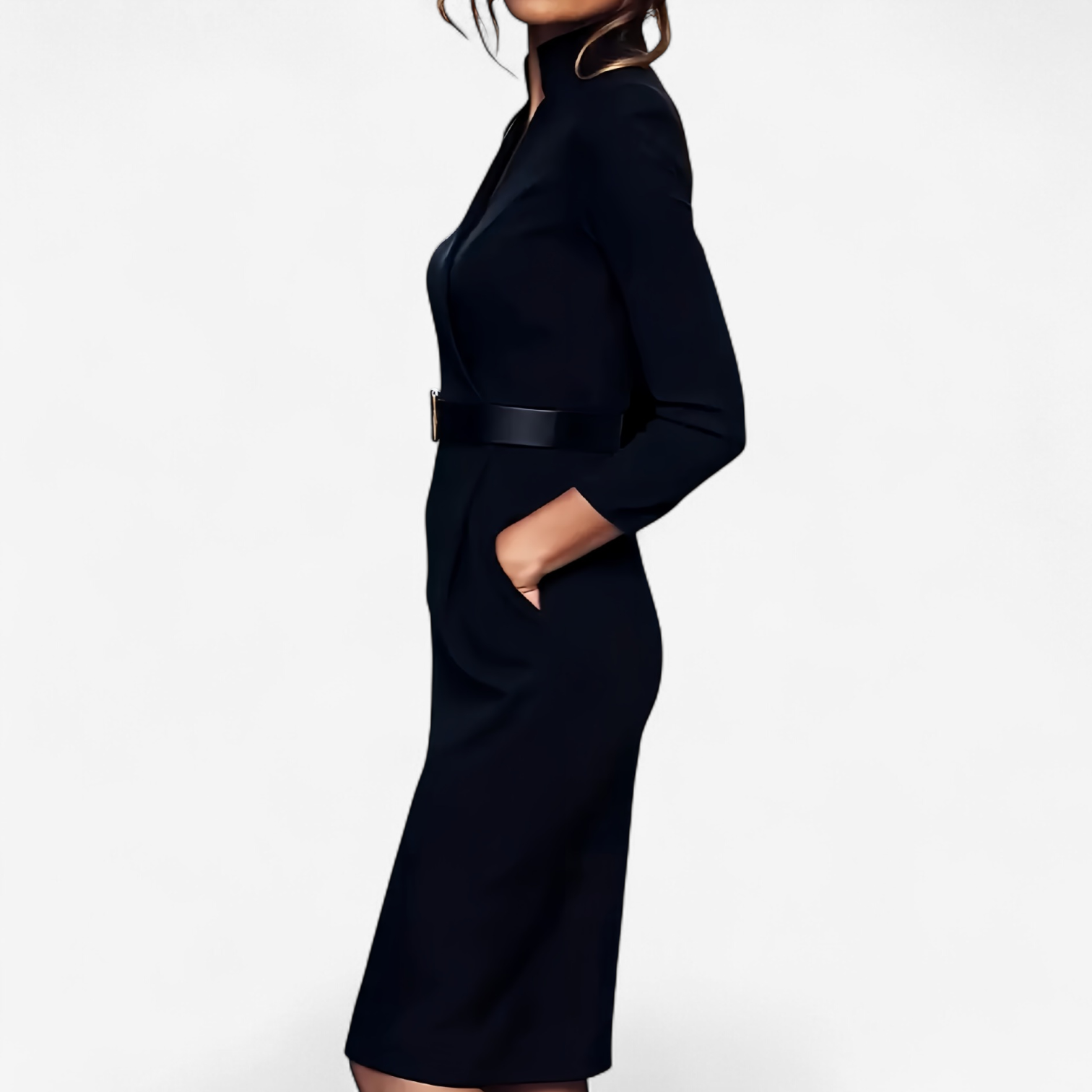 The Miriam — Belted Pencil Dress with Gold Buckle