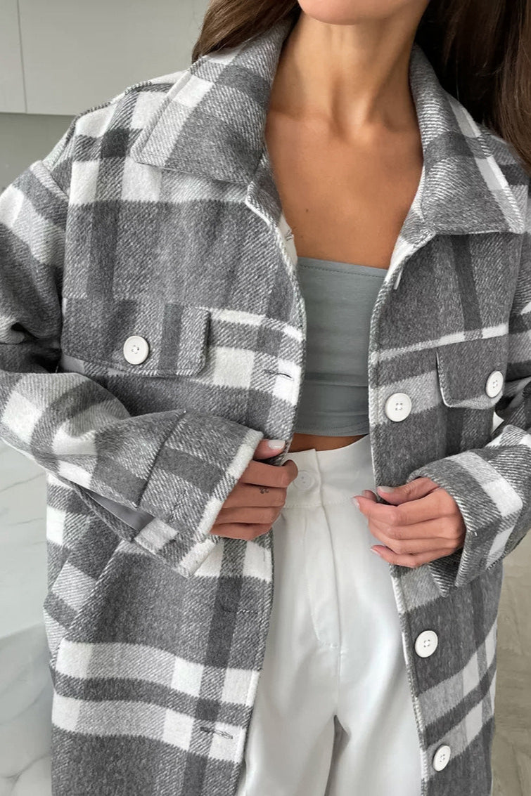 Woolen Plaid Belted Chic Thick Coat