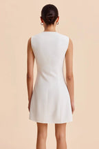 Scalloped Wave Button Front Sleeveless Round Neck A-Line Mini Dress