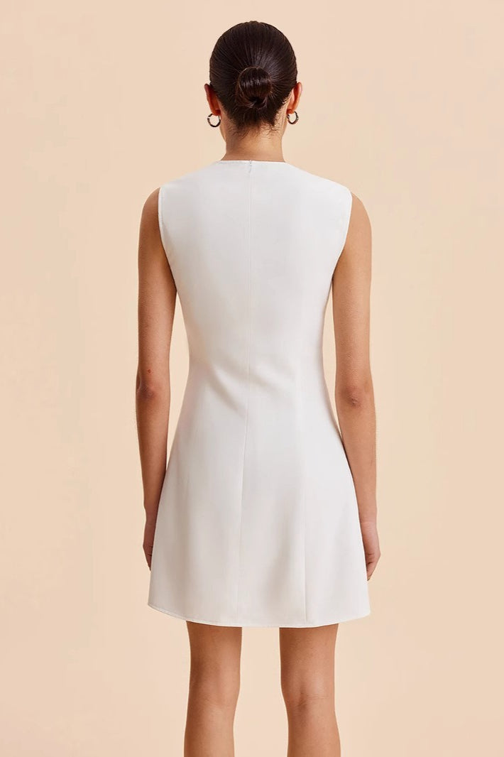 Scalloped Wave Button Front Sleeveless Round Neck A-Line Mini Dress