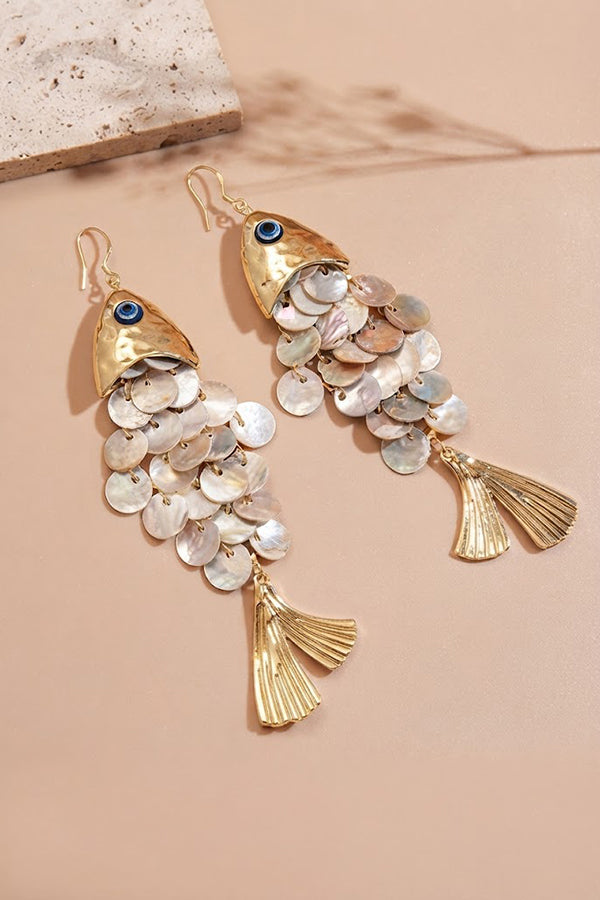 Fish-shaped Shell Tassel Ear Hooks