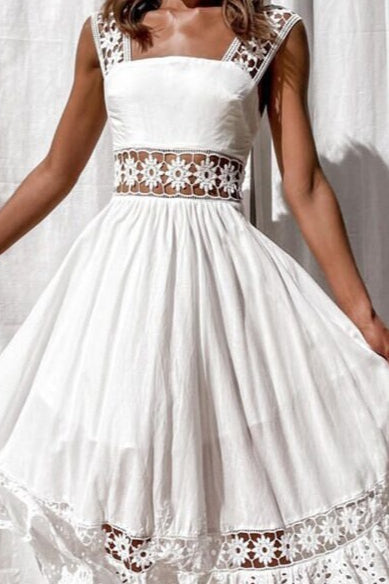 Lace Panel Square Neck Wide Strap Pleated Maxi Dress