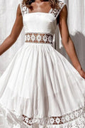 Lace Panel Square Neck Wide Strap Pleated Maxi Dress