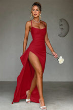 Satin Spaghetti Strap Ruched Drape High Split Bodycon Maxi Mini Dress