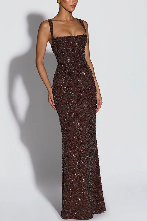 Calanthe Sequin Embellished Chiffon Ruched Square Neck Back Lace-up Maxi Dress