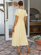 Butter Yellow Sundress Plunge Puff Sleeves Casual Summer Maxi Dress 2026
