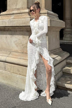 Sheer Panel Fluted Sleeve Party Dress