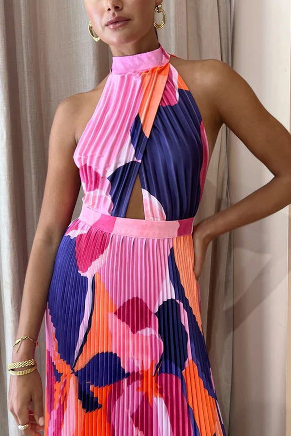 Pleated Halter Neck Cut Out Crisscross Bodice Abstract Floral Print Maxi Dress