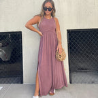 Crew Neck Tiered Seam Double Front Slit Sleeveless Maxi Dress