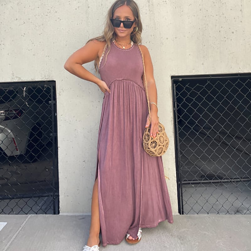 Crew Neck Tiered Seam Double Front Slit Sleeveless Maxi Dress