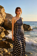 Polka Dot One Shoulder Halter Backless Bodycon Maxi Dress