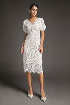 Lace Overlay Plunging V-Neck Rhinestone Trim Puff Sleeve Midi Dress
