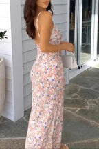 Floral Print Lace Trim Deep V-Neck Spaghetti Strap Slip Maxi Dress