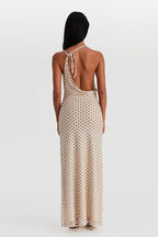 Polka Dot Spaghetti Strap Cowl Neck Ruched Bodycon Maxi Dress