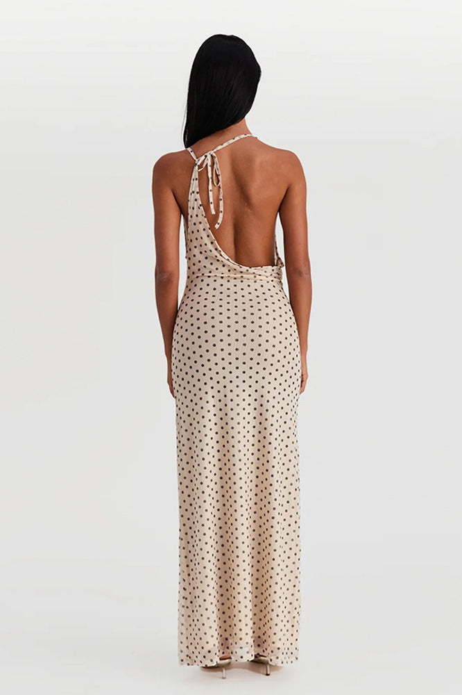 Polka Dot Spaghetti Strap Cowl Neck Ruched Bodycon Maxi Dress