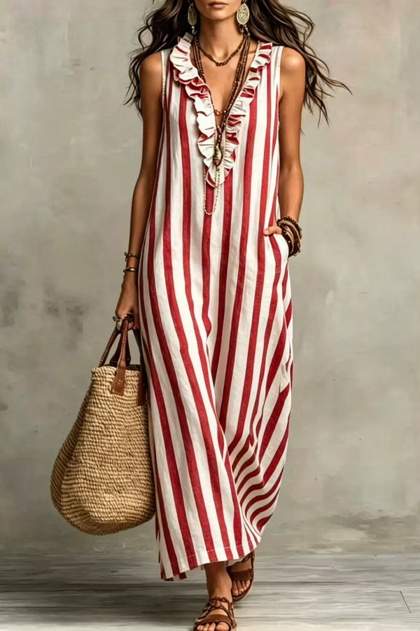 Fashionable Striped Print V-neck Ruffled Sleeveless Pockets Casual Midi Dress