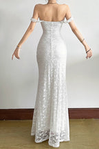 Lace Off Shoulder Ruffle Sleeve Sweetheart Neck Column Maxi Dress