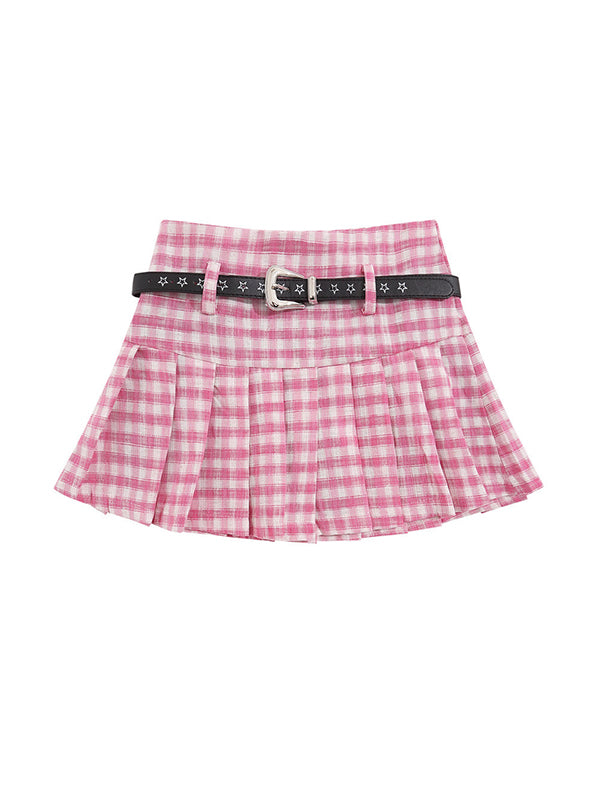 Plaid Pleated With Star Belt Mini Skirts